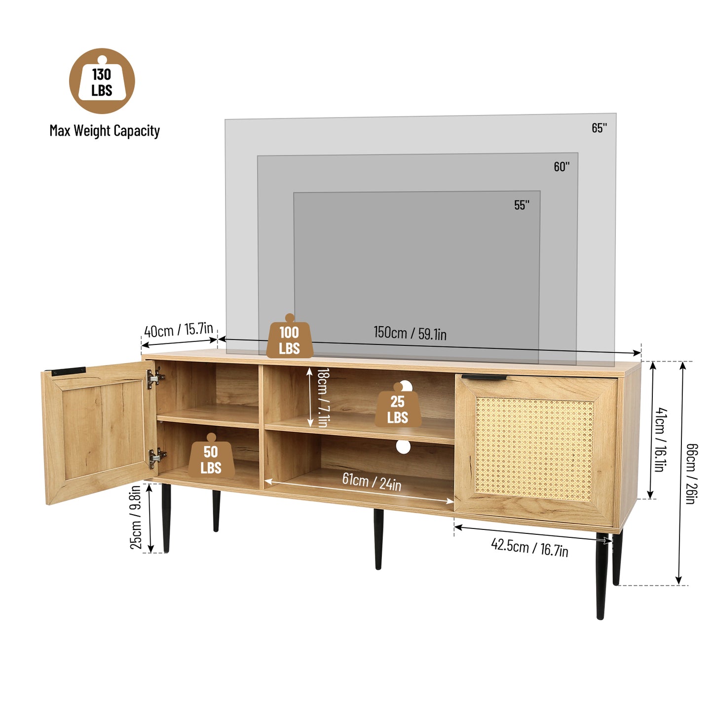 Rattan-Doored Wooden TV Stand with Open Shelves for TVs up to 65 Inches