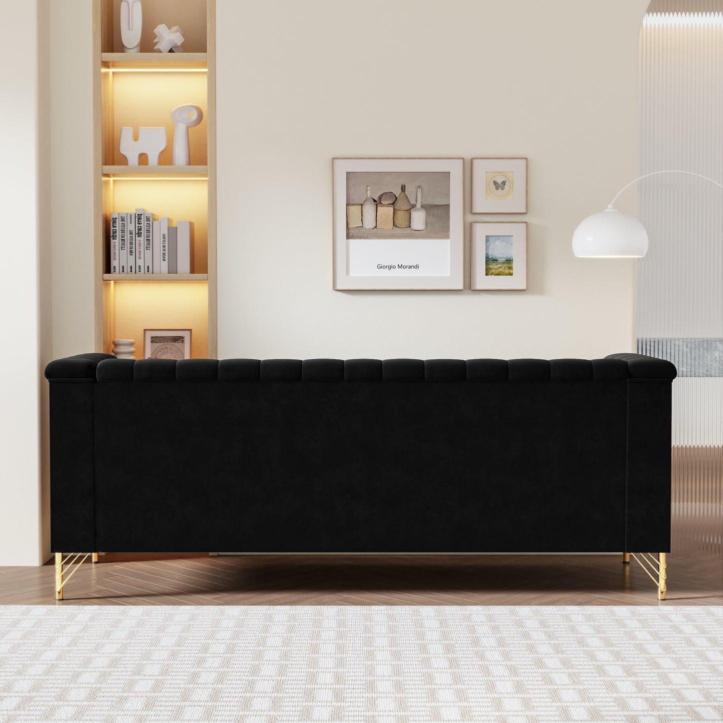 FX-P82-BK(SOFA)-Modern Sofa Couches for Living Room, 82.67Inches Velvet Velvet Tight Back Chesterfield design Couch Upholstered Sofa with Metal Legs Decor Furniture for Bedroom