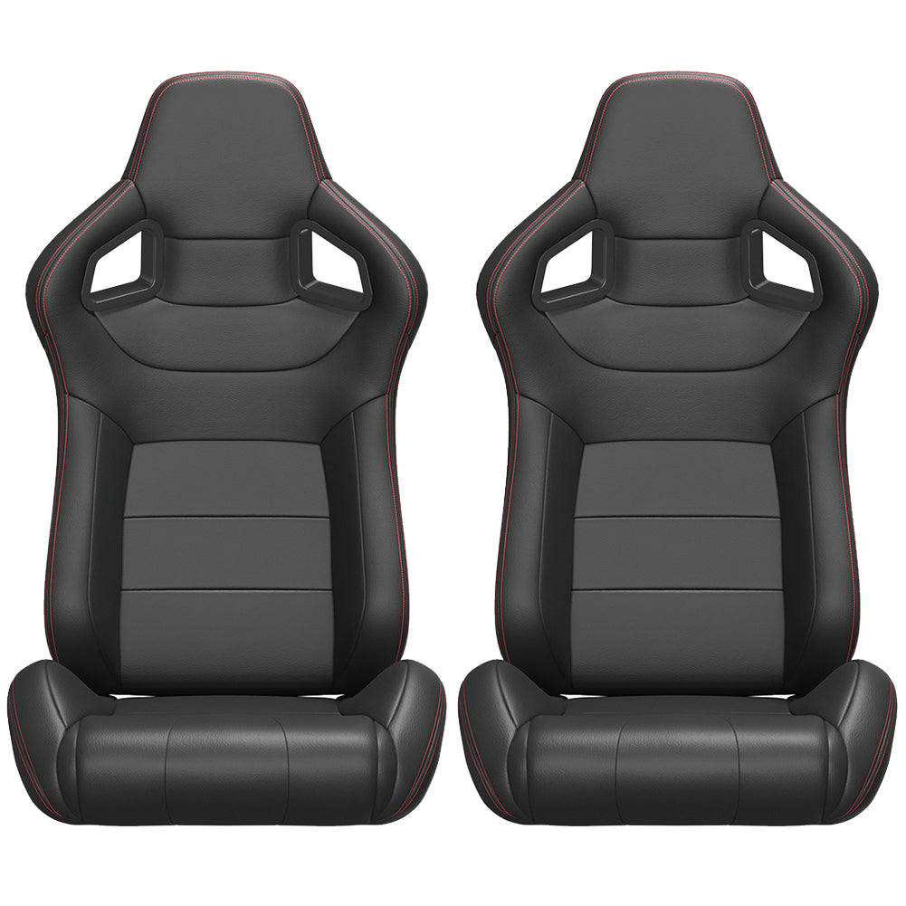 Carbon Look Reclinable Racing Seats with Red Stitch - Set of 2