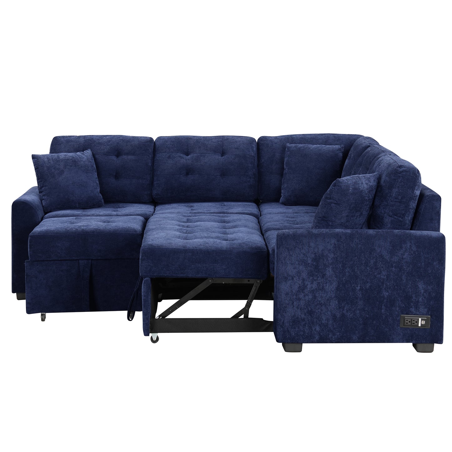 Convertible Navy Blue L-Shape Sleeper Sofa with USB Ports and Power Sockets