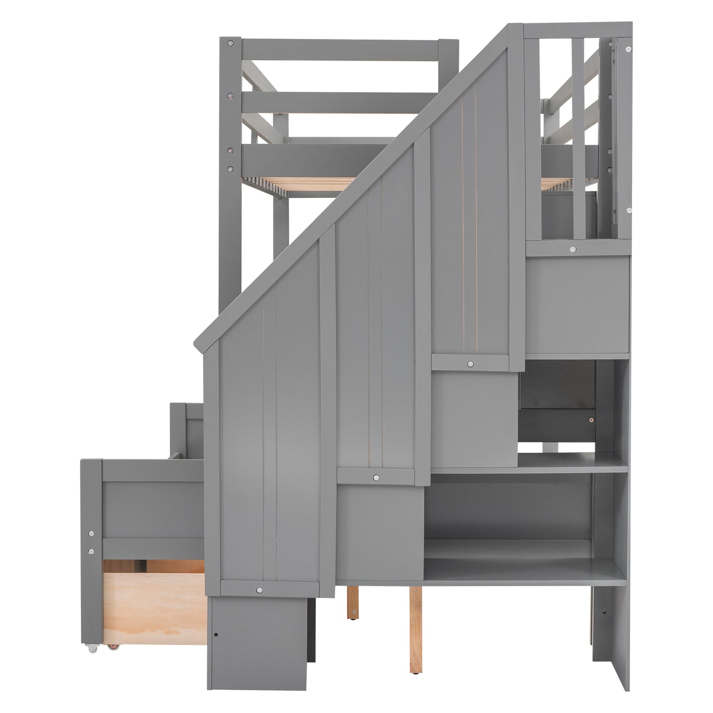 Gray Twin XL over Full Bunk Bed with Study Desk and Storage Solution