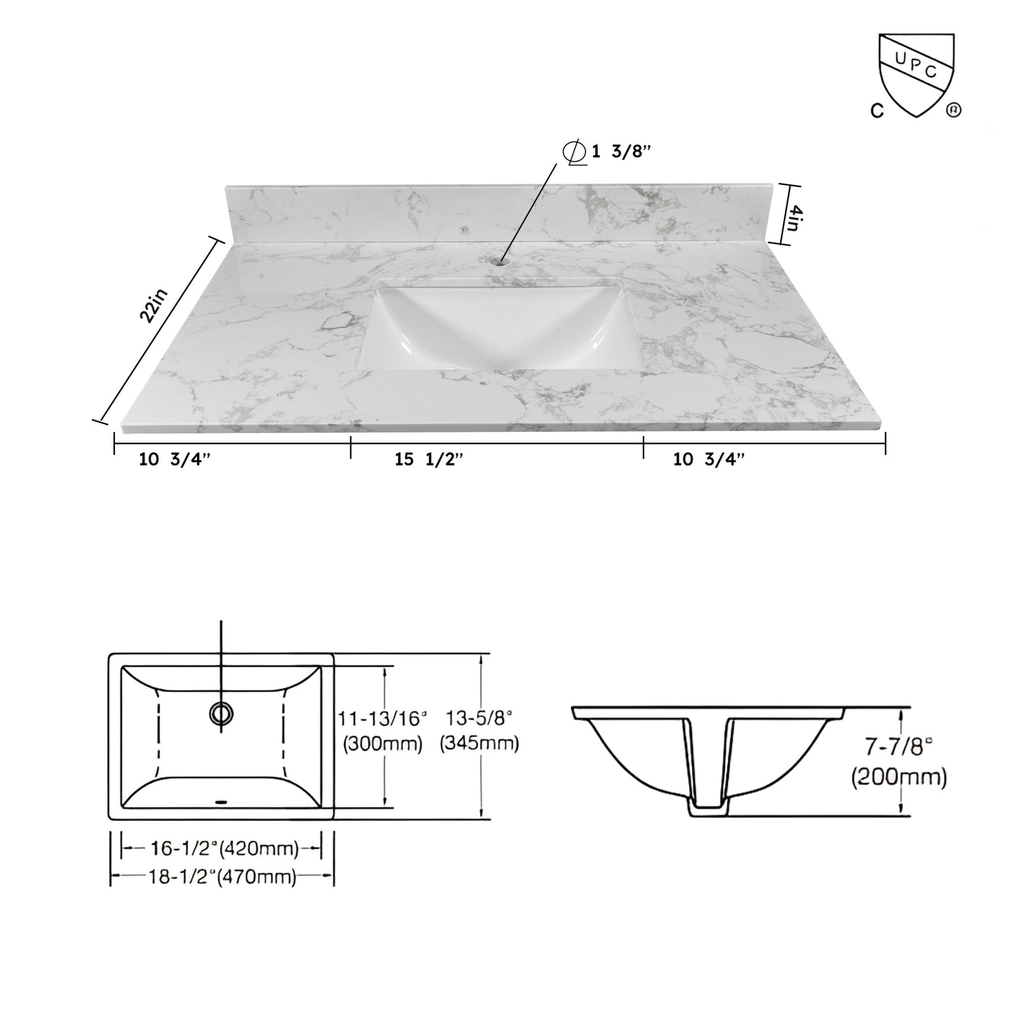 Montary 37inch bathroom vanity top stone carrara white new style tops with rectangle undermount ceramic sink and single faucet hole