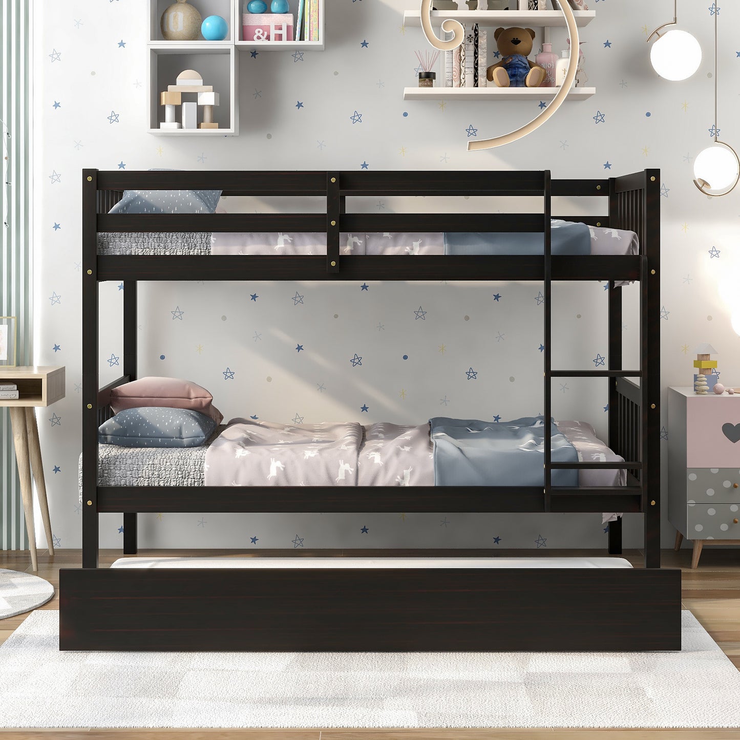 Trio Bunk Bed Set with Trundle, Durable Wood Frame and Safety Enhancements