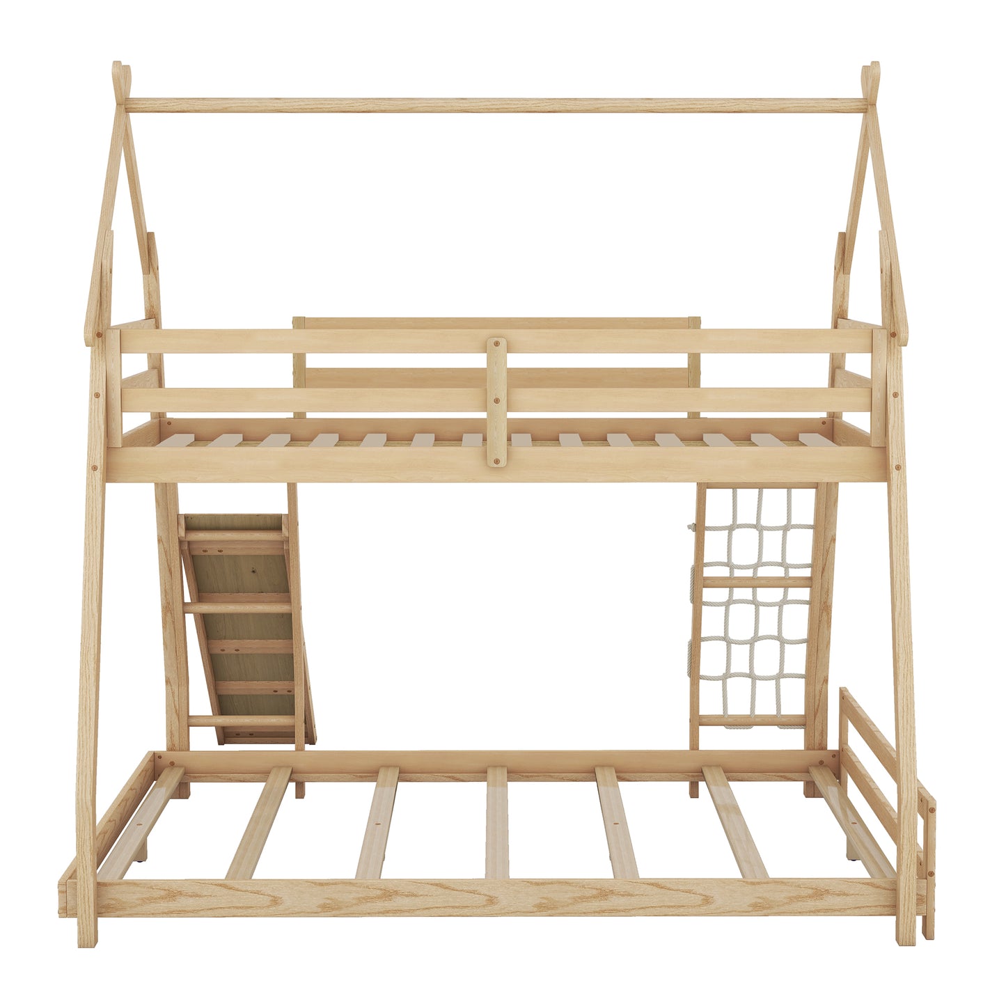 House Bunk Bed with Climbing Nets and Climbing Ramp for Twin and Queen Size, Natural