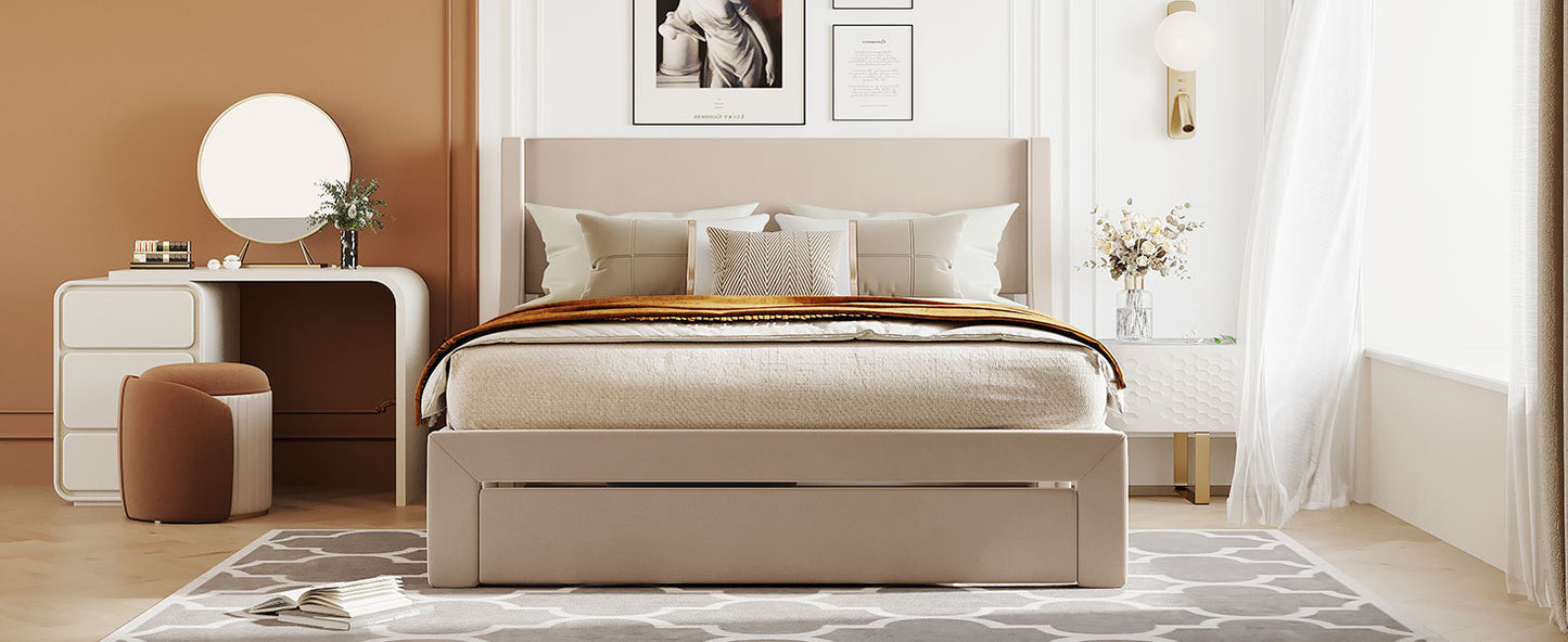 Queen Size Storage Bed Velvet Upholstered Platform Bed with a Big Drawer - Beige