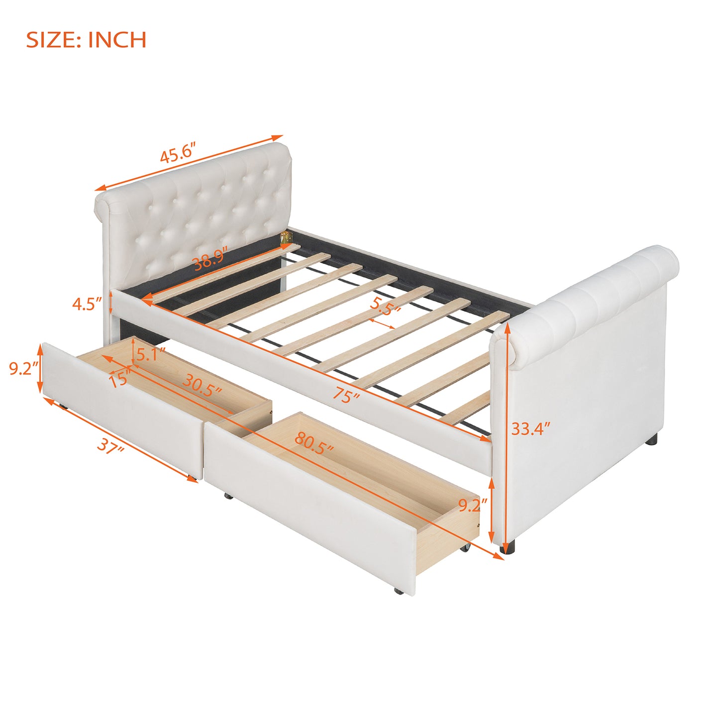 Twin Size Upholstered daybed with Drawers, Wood Slat Support, Beige