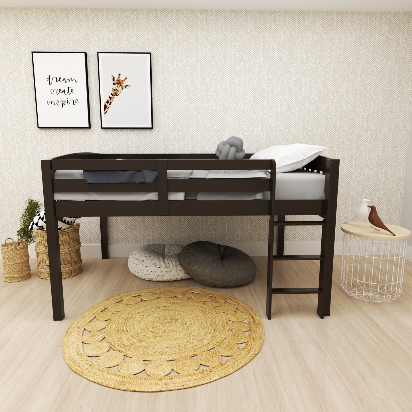 ElbrusLow Cappucinno Loft Bed with Storage, Space Saver Full Size Kids Loft Bed with Stairs for Toddlers Assembled in Sturdy Solid Wood, No Box Spring Needed.