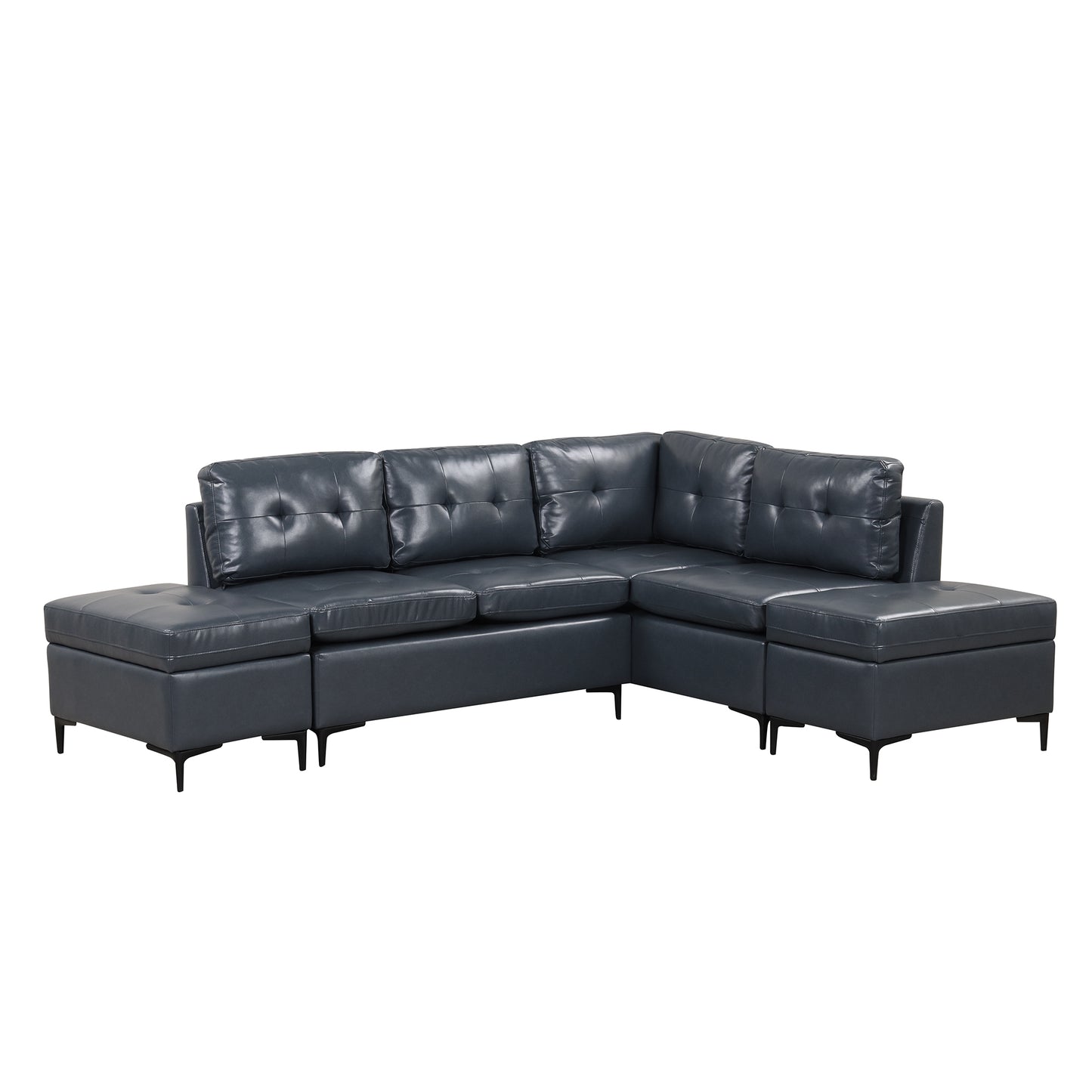 Blue L-Shaped Sectional Sofa Set with Movable Storage Ottomans