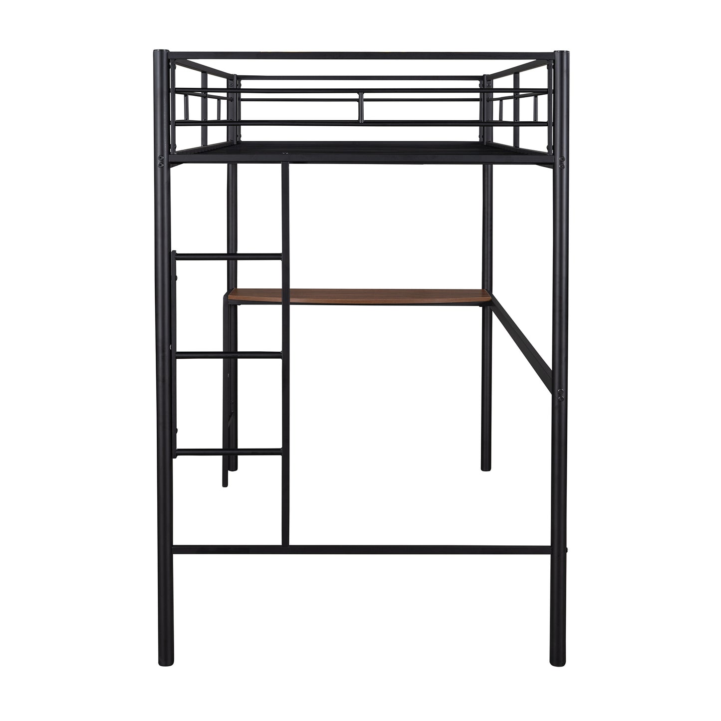 Black Metal Loft Bed with Built-in Study Desk, Ladder, and Guardrails for Twin Size Mattress