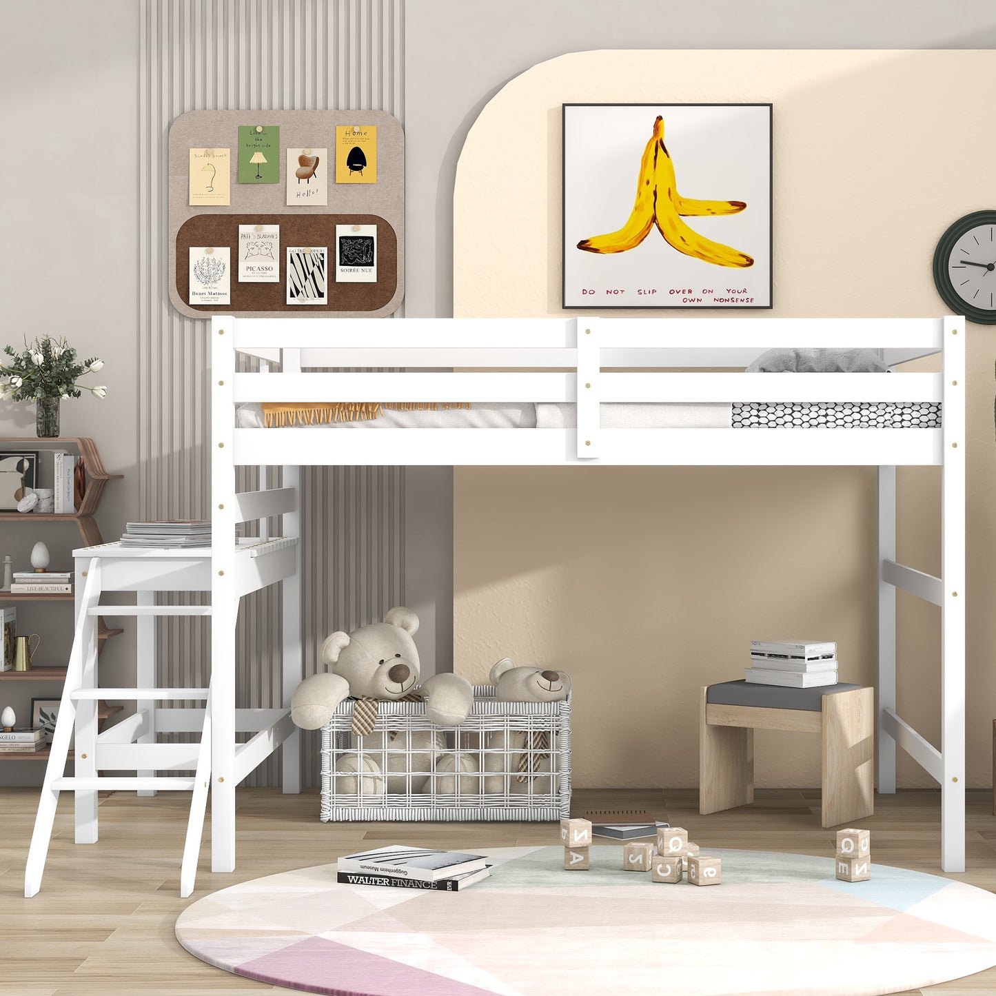 Full Loft Bed with Platform,ladder,White