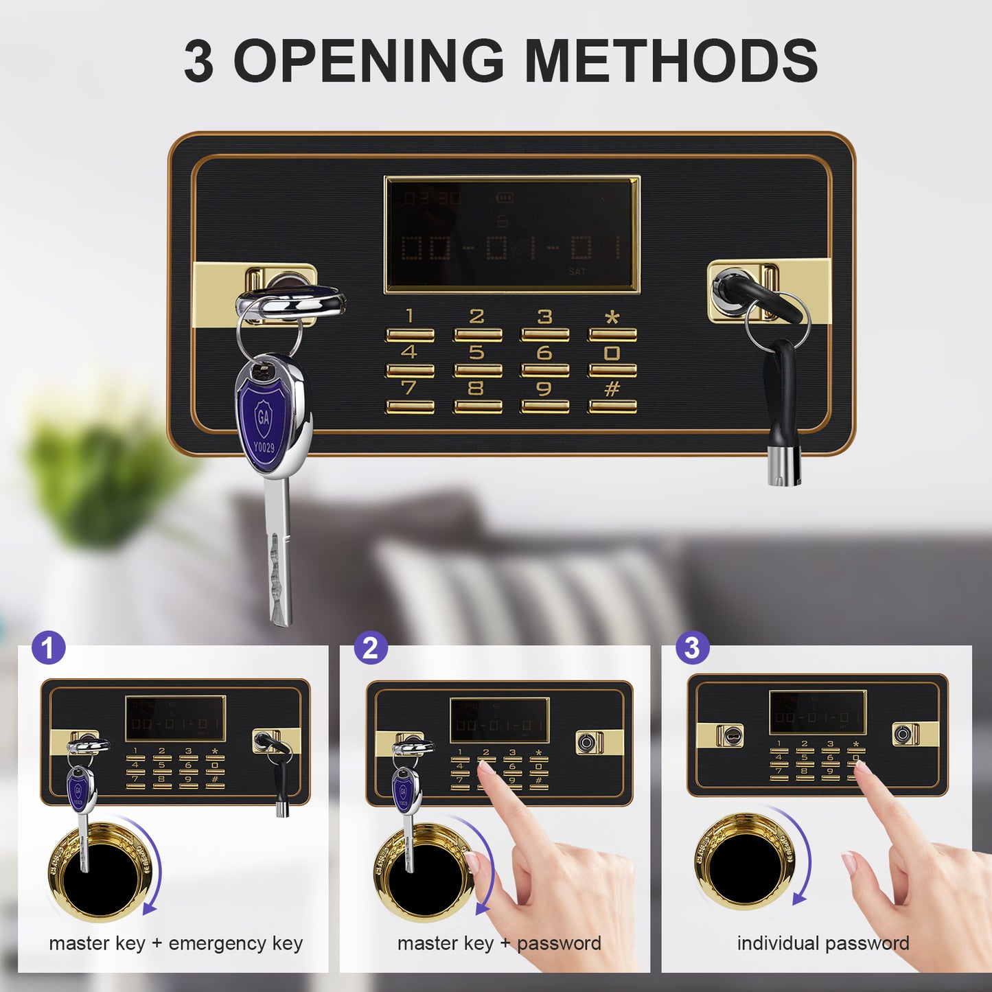 Secure White Safe Box with LCD Display and Multiple Opening Options for Money and Valuables