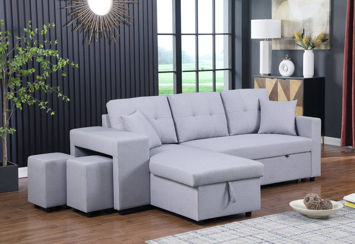 Dennis Light Gray Linen Fabric Reversible Sleeper Sectional with Storage Chaise, Stools, Throw Pillows