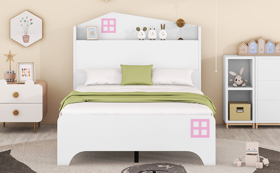 Wooden Twin Size House Bed with Storage Headboard ,Kids Bed with Storage Shelf, White