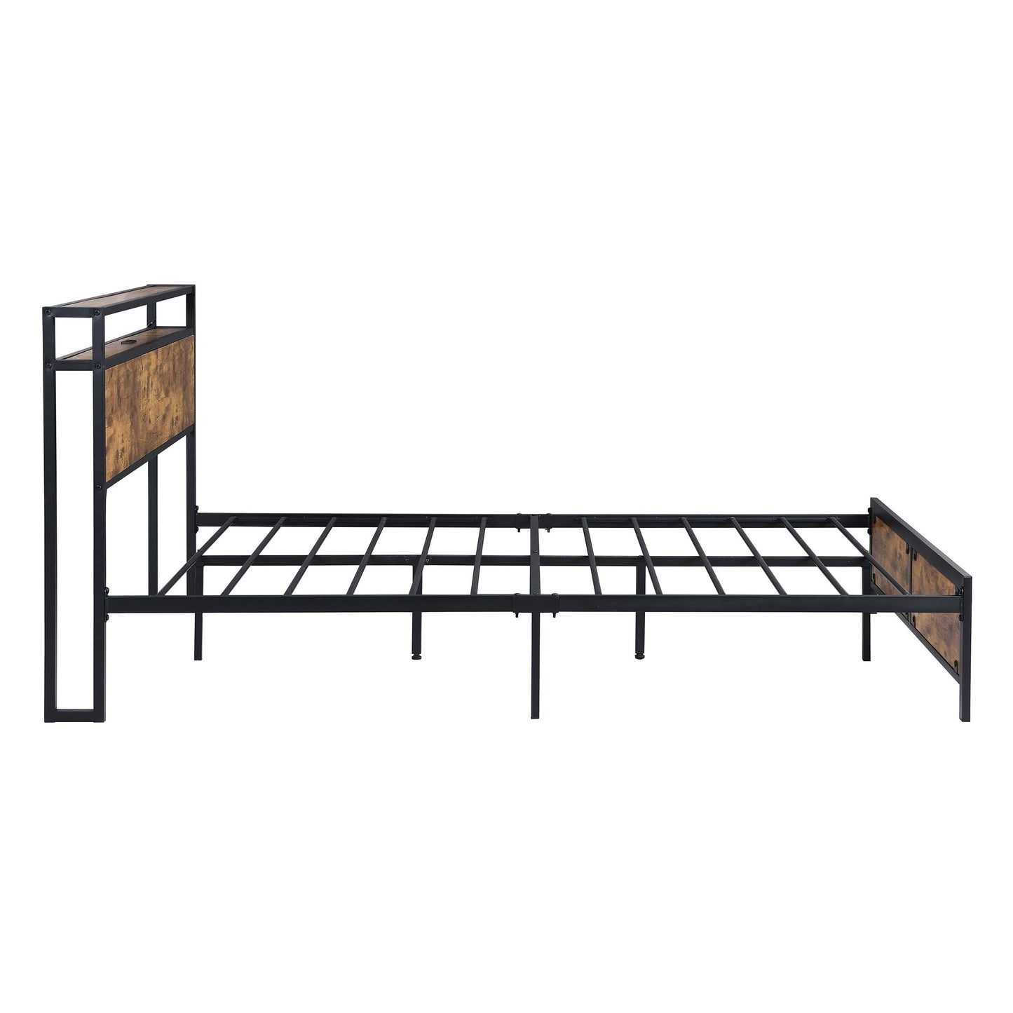 Industrial Full Bed Frame with LED Lights and 2 USB Ports, Bed Frame Full Size with Storage, Noise Free, No Box Spring Needed, Rustic Brown