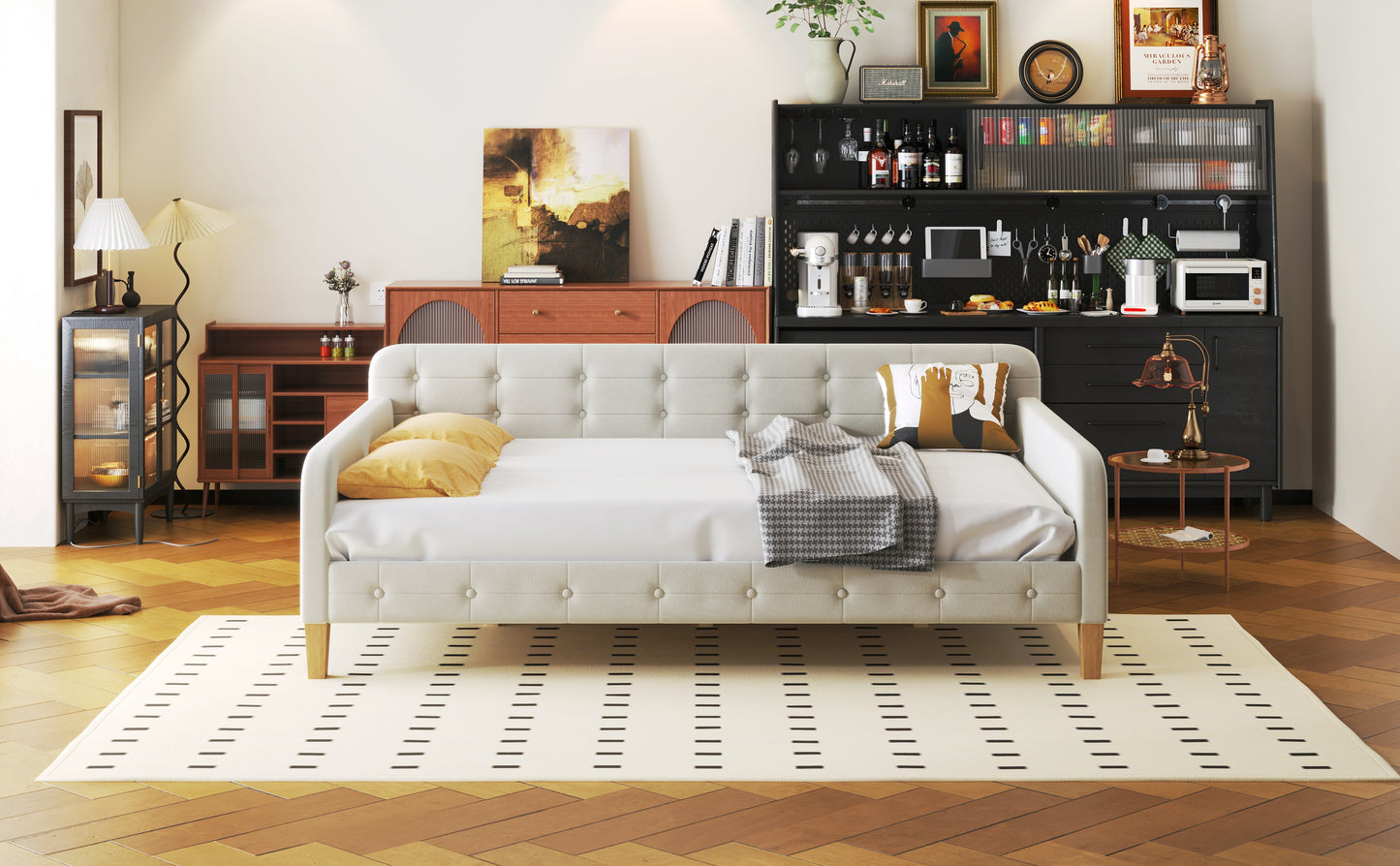 Full Size Upholstered Daybed with 4 Support Legs,White