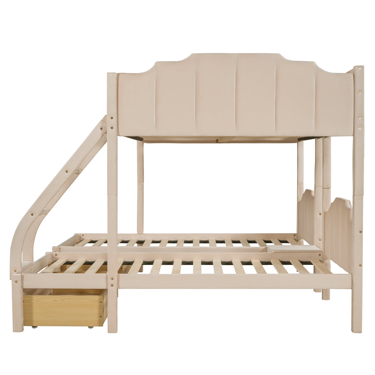 Triple Bunk Bed with Full Lower Bed, Twin Upper Bed, Velvet Finish, Beige - Space-Saving Triple Bed with Full, Twin, and Velvet Touch