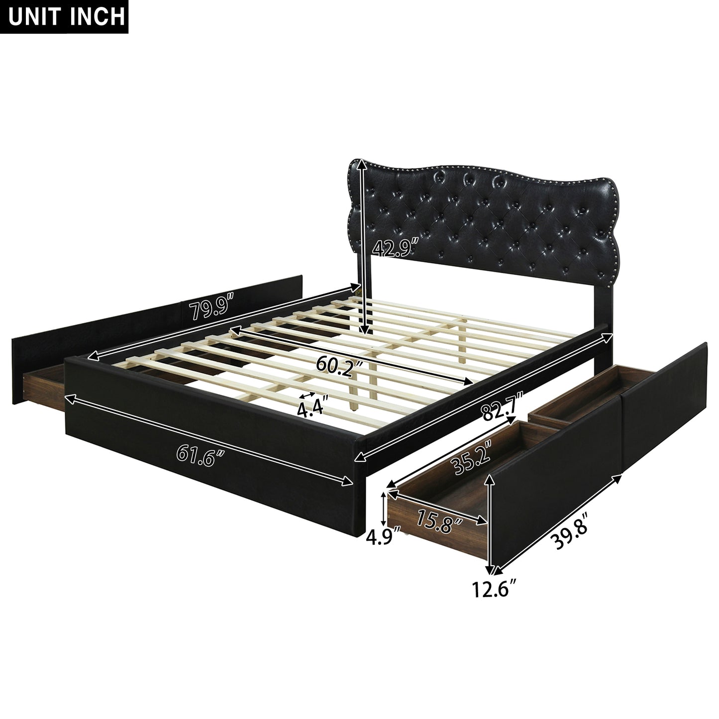 Queen Size Bed Frame with 4 Storage Drawers,Leather Upholstered Platform Heavy Duty Bed,Wood Slat Support,Black