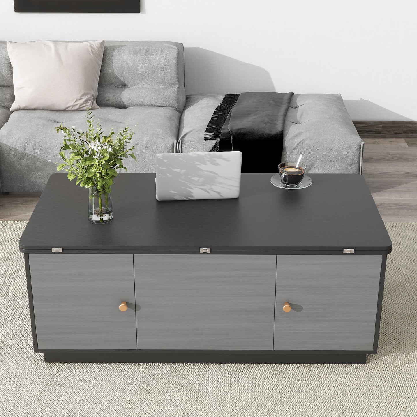 Extendable Lift-Top Coffee Table with Storage in Contemporary Gray