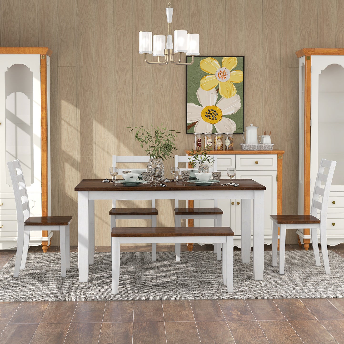 TREXM Rustic Style 6-Piece Dining Room Table Set with 4 Ergonomic Designed Chairs & a Bench (Walnut + Cottage White)