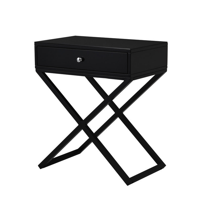 Koda Black Wooden End Side Table Nightstand with Glass Top, Drawer and Metal Cross Base