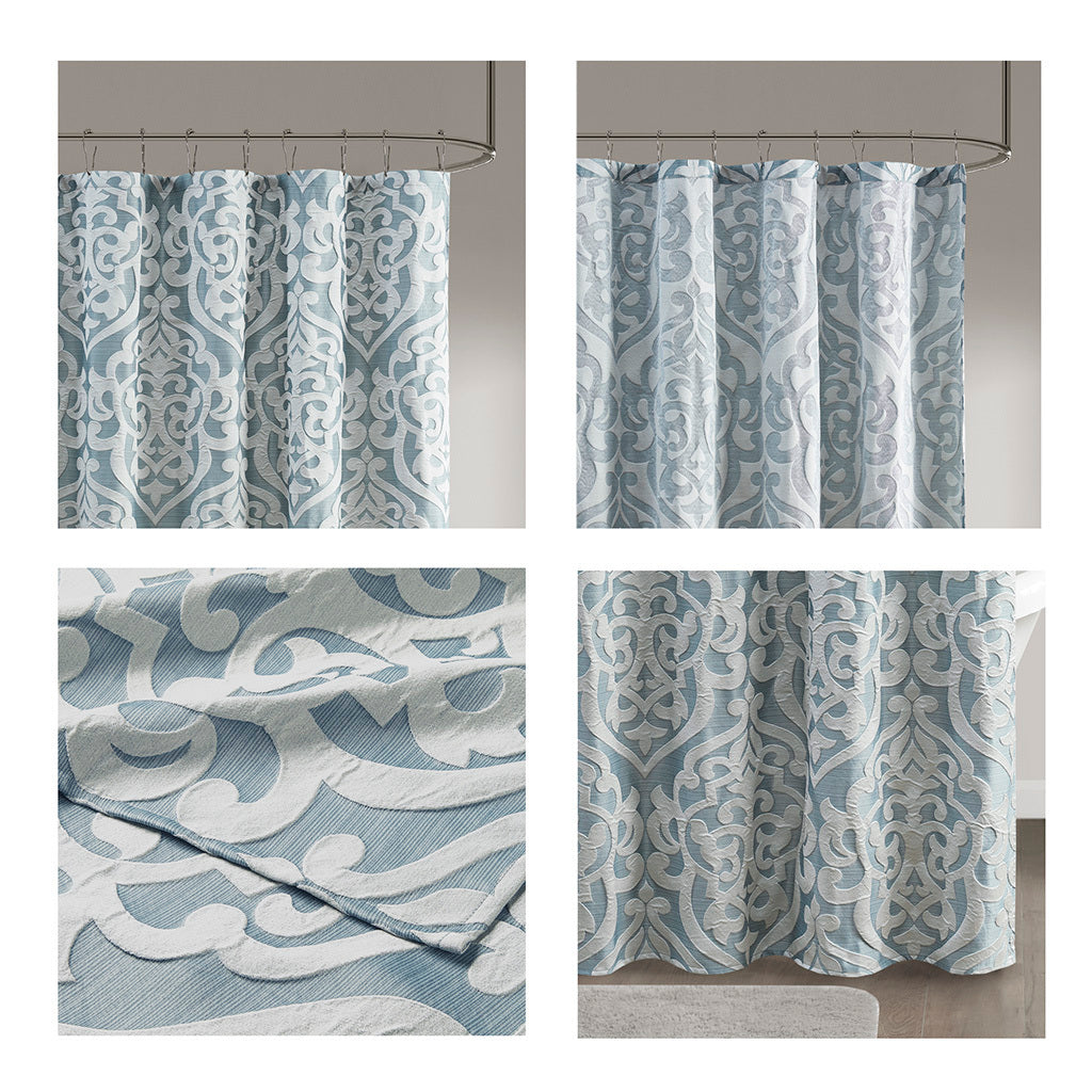 Luxurious Aqua and Silver Damask Medallion Jacquard Shower Curtain