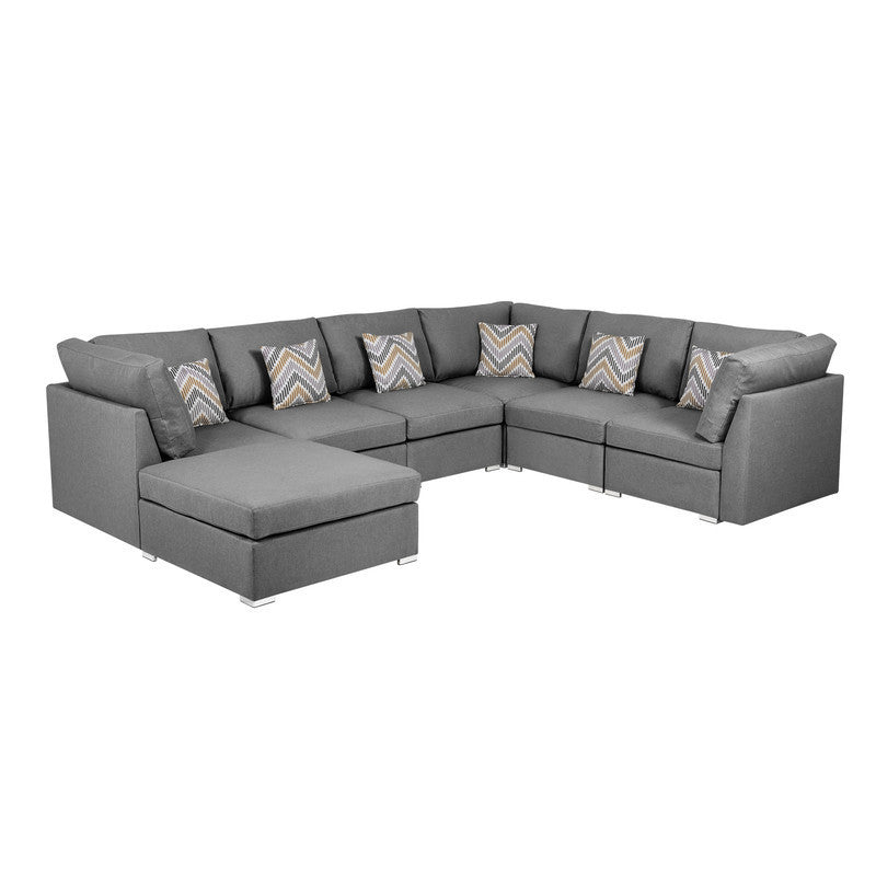 Amira Gray Fabric Customizable Modular Sectional Sofa with Ottoman and Accent Pillows