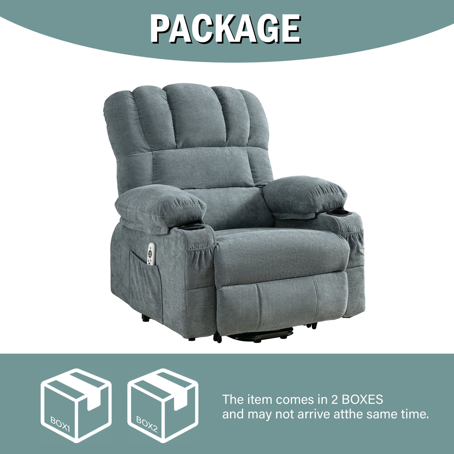 Blue Power Lift Recliner Chair with Massage, Heat, and Remote Control