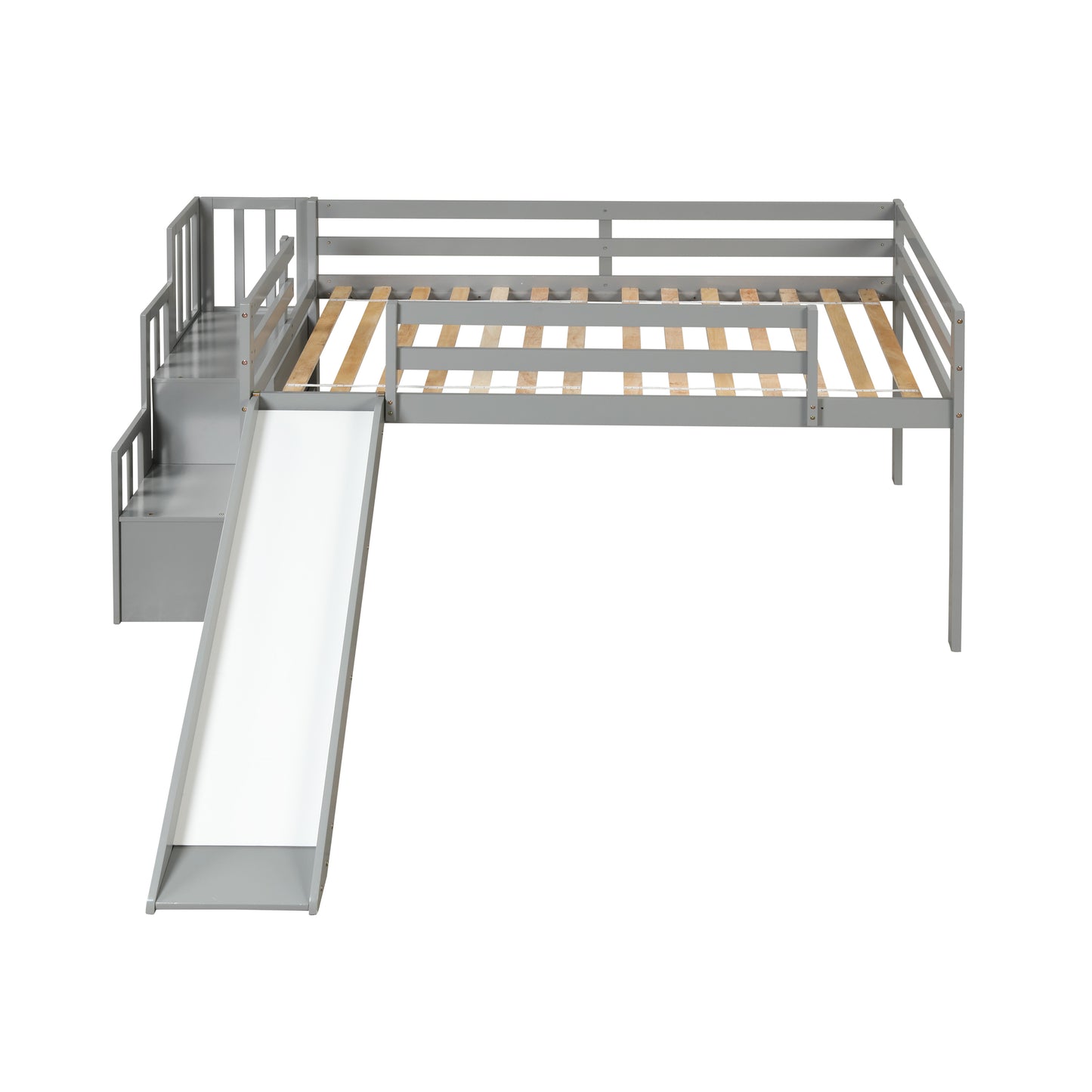 Loft Bed with Staircase, Storage, Slide, Twin size, Full-length Safety Guardrails, No Box Spring Needed, Grey