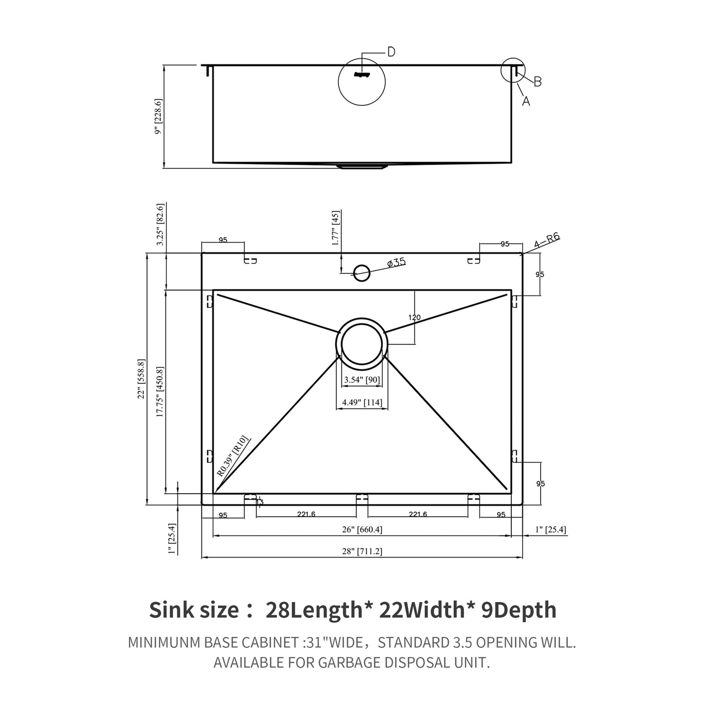 28 Inch Topmount Single Bowl Stainless Steel Kitchen Sink