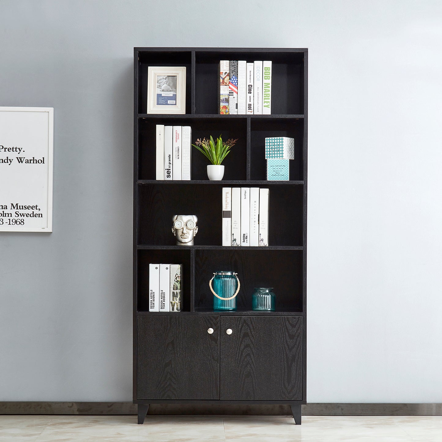 68" Bookcase with 2 Doors, Bookshelf,  Black