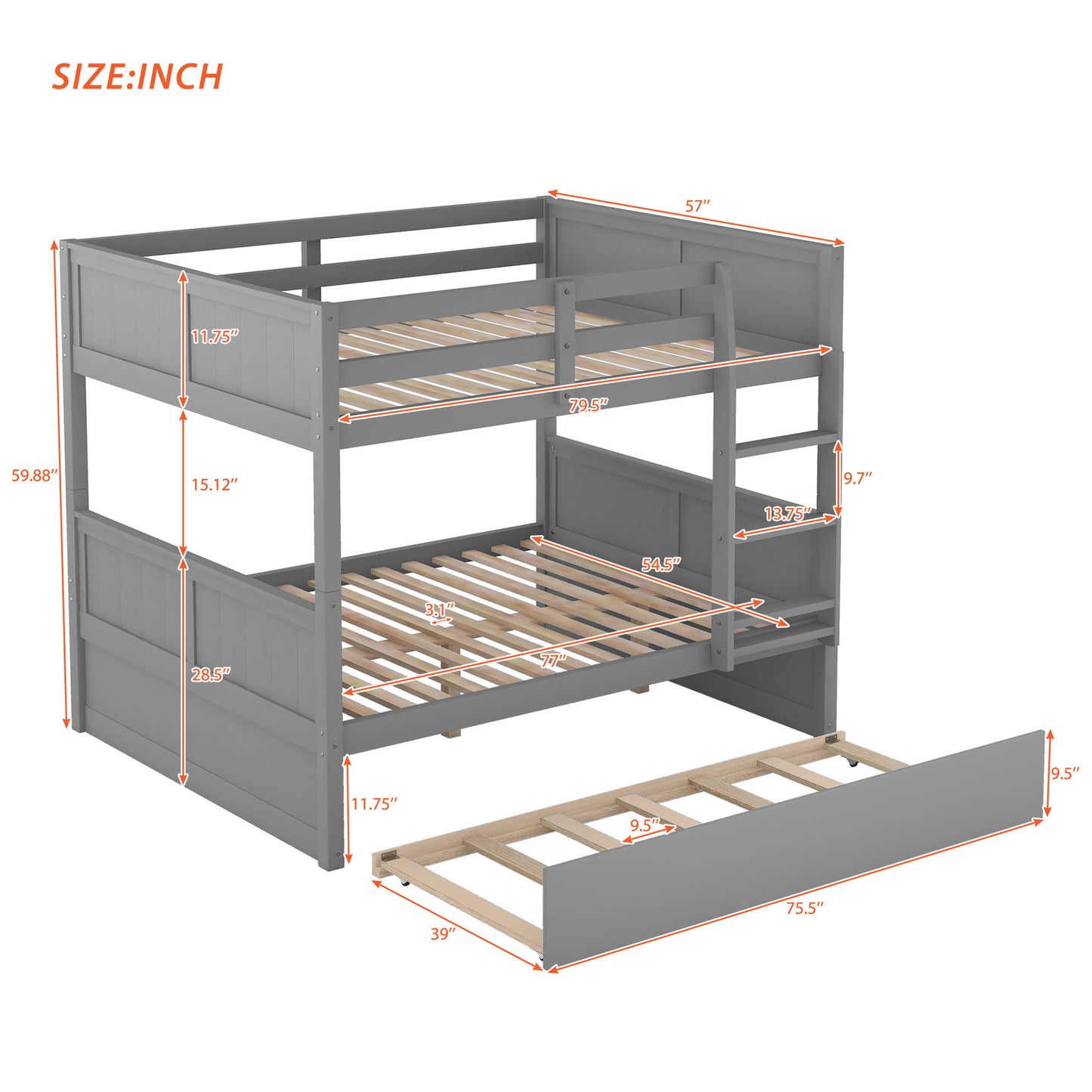 Versatile Full Over Full Bunk Bed with Trundle in Gray