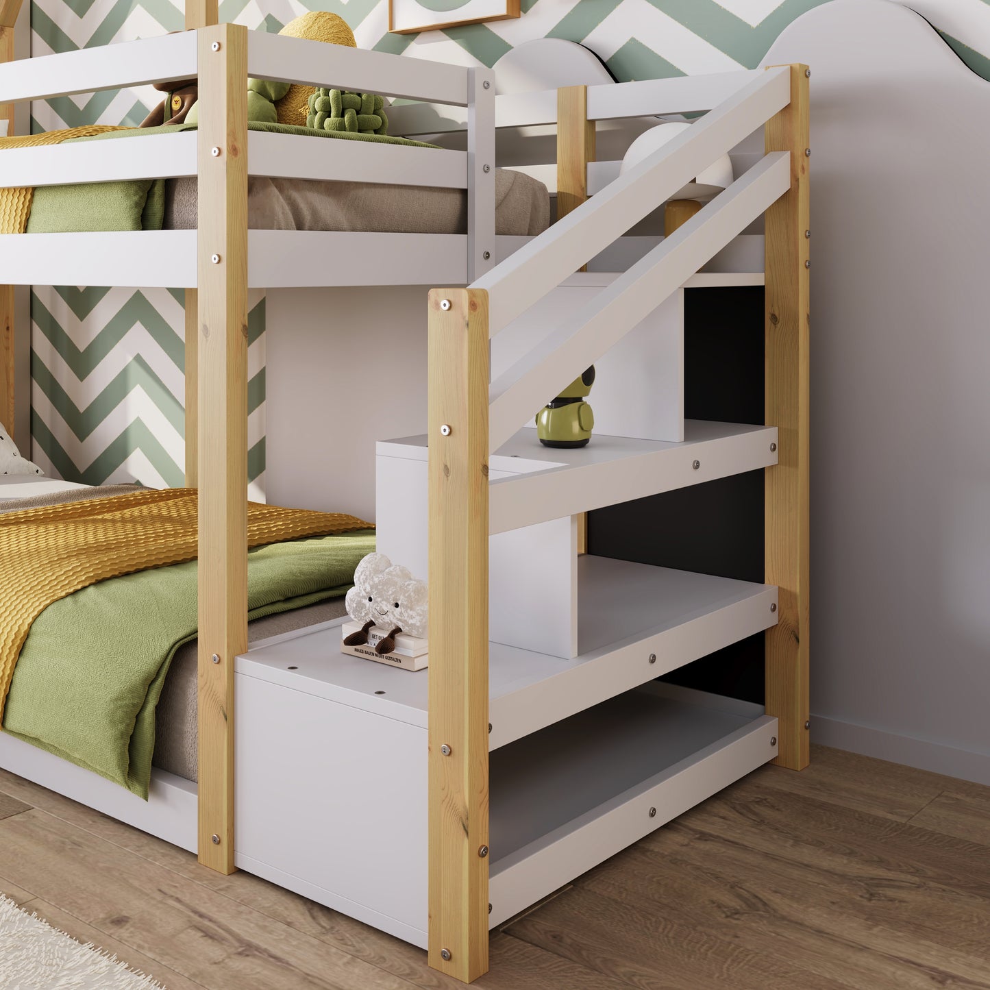 Treehouse Bunk Bed with Storage Staircase and Blackboards