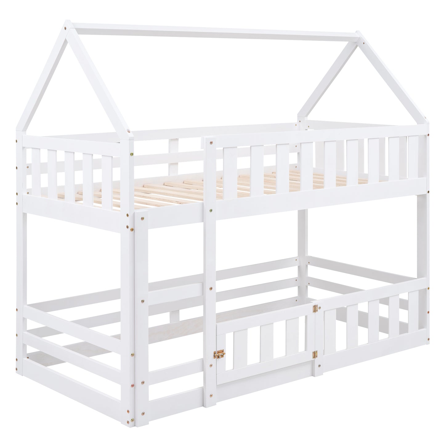 Enchanted White Twin over Twin House Bunk Bed with Playful Fence and Entryway