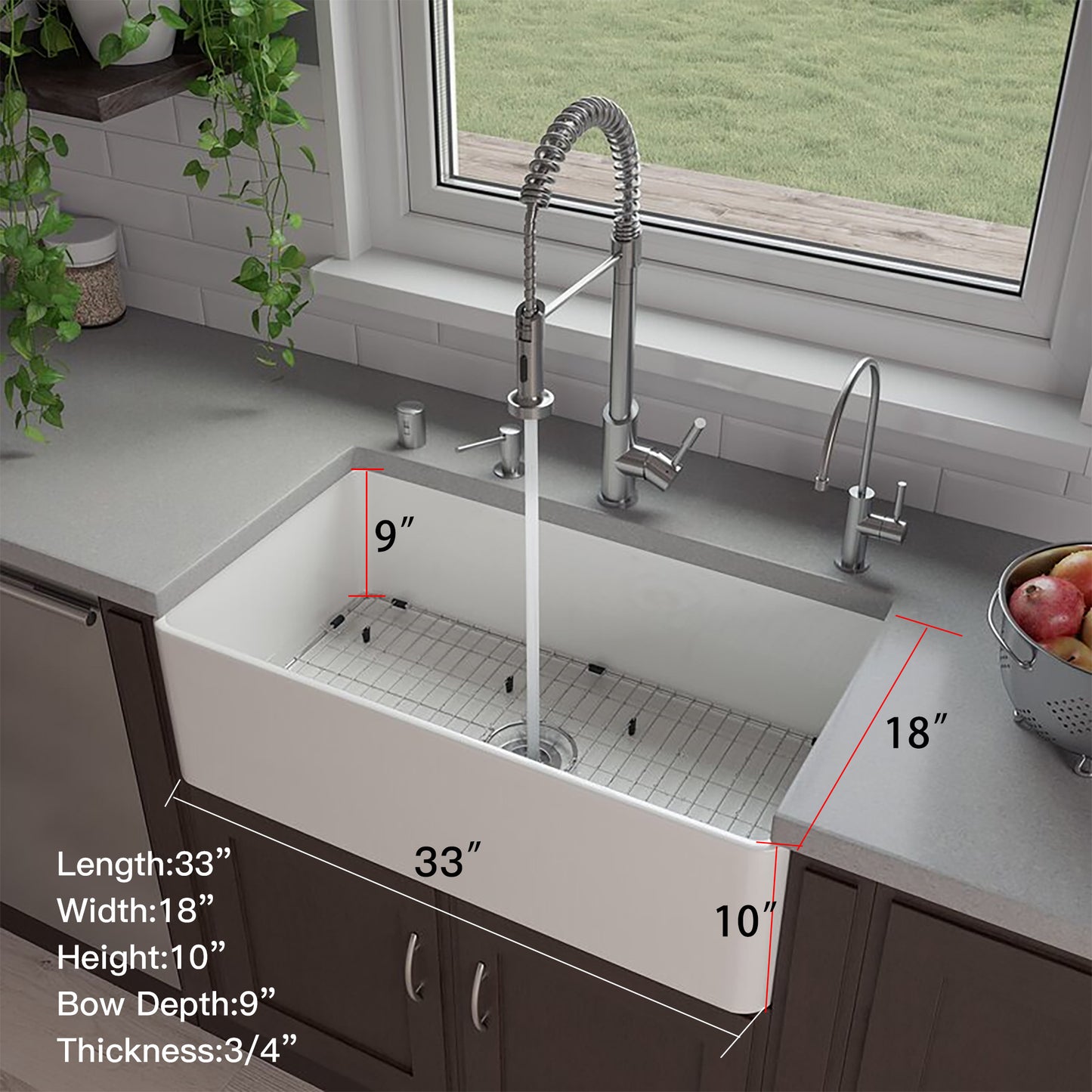 33-Inch White Fireclay Farmhouse Kitchen Sink with Single Bowl and Bottom Grid