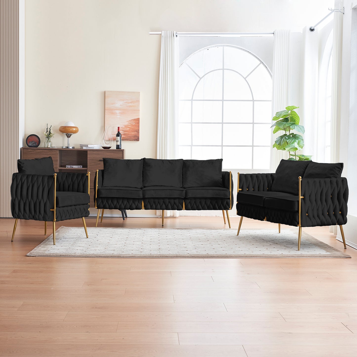 Modern 3-Piece Velvet Upholstered Handmade Woven Back Sofa Sets with Sturdy Metal Legs, Including Three Seat Couch Loveseat, and Single Chair for Living Room, Black Velvet