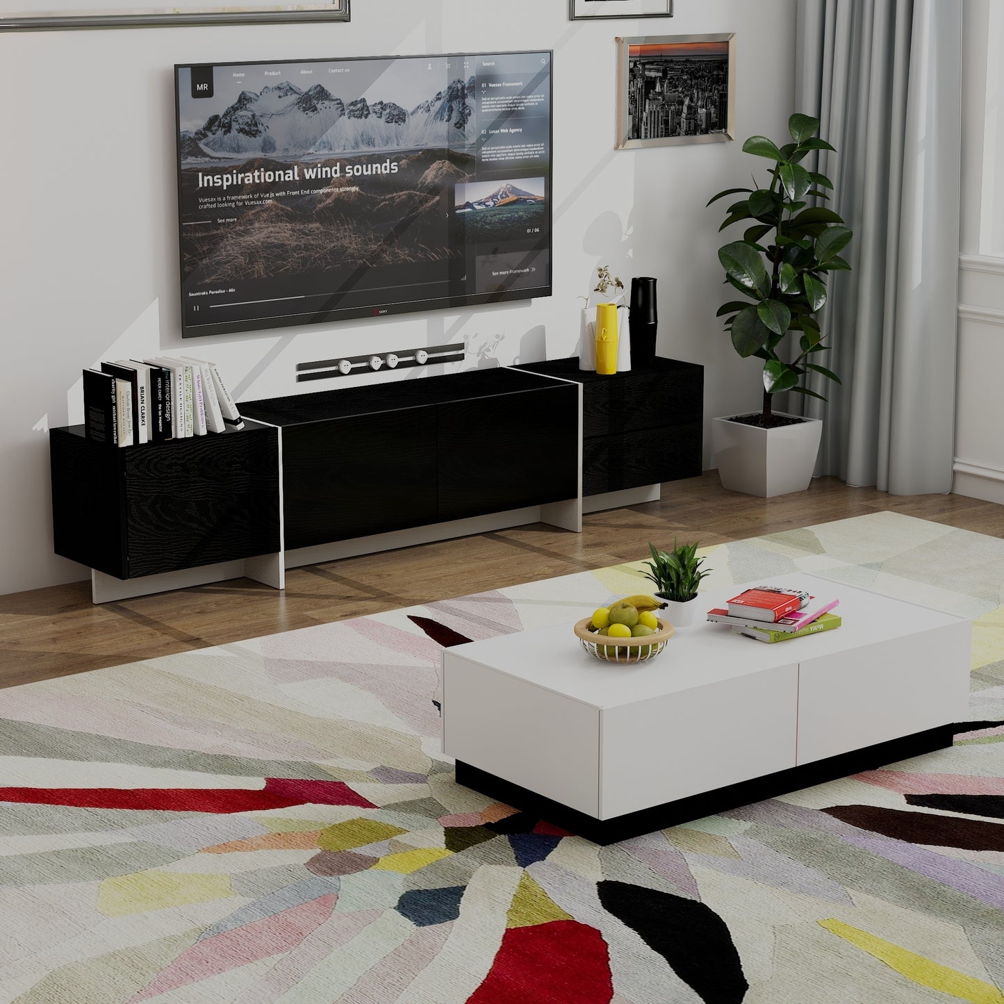 Modern Black TV Console with LED Lights and Storage Cabinets for 75 TV