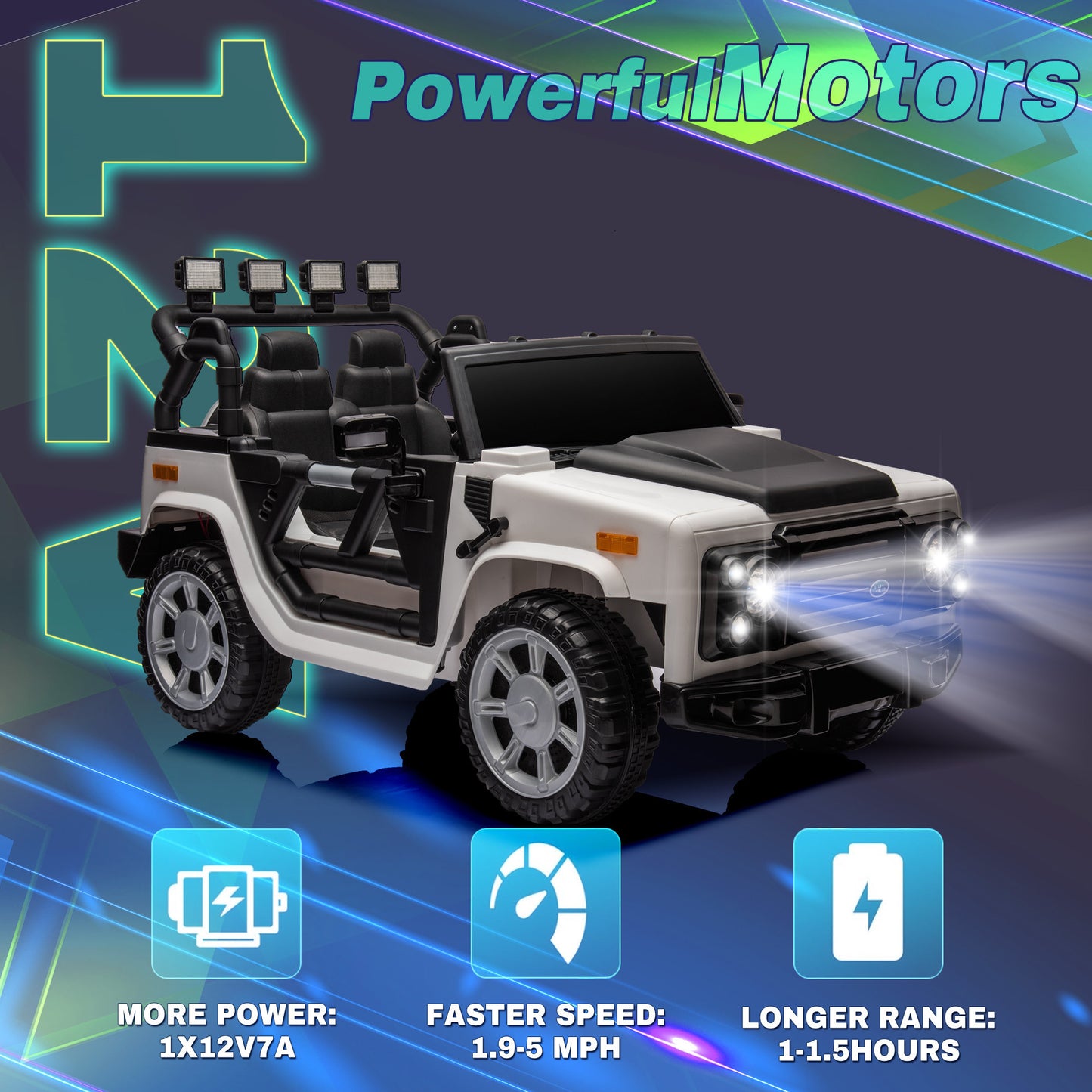 12v7a 30w*2 Four-wheel drive leather seat one button start,forward and backward, high and low speed,  music, front light, power display,  two doors can open, 2.4G R/C, seat belt four wheel absorber