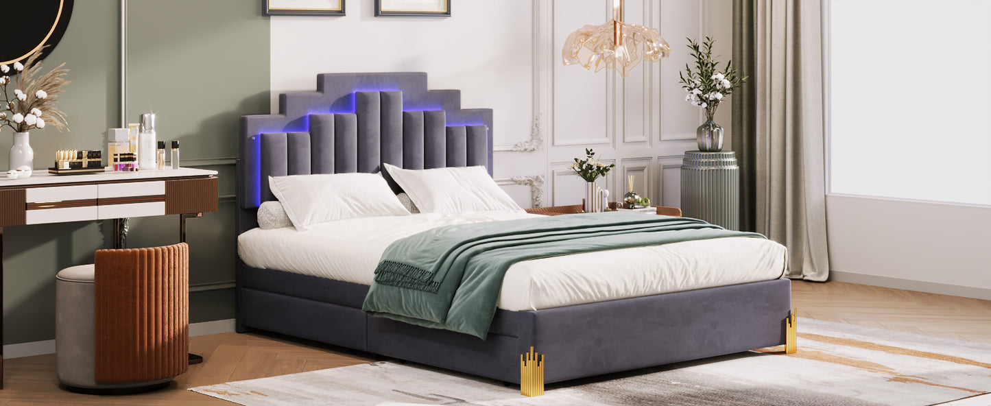 Queen Size Upholstered Platform Bed with LED Lights and 4 Drawers, Stylish Irregular Metal Bed Legs Design, Gray