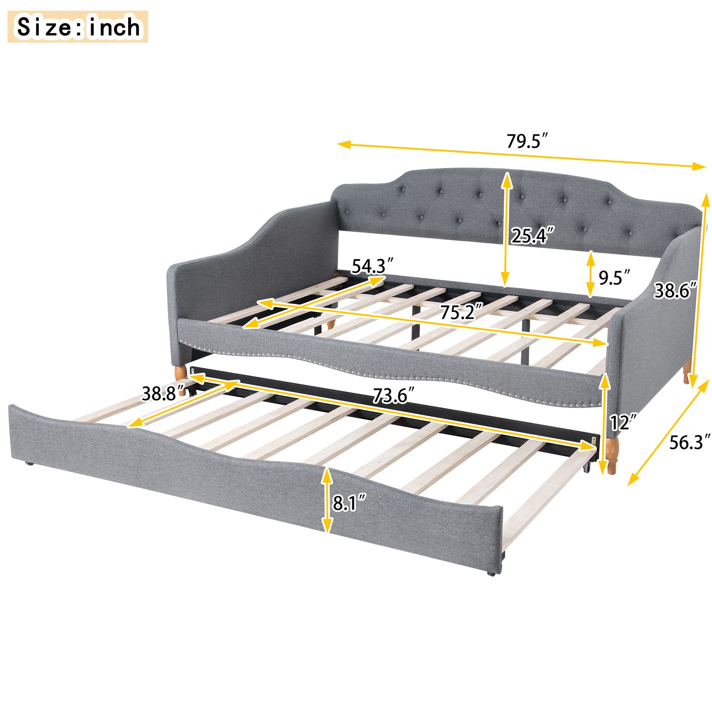 Full Size Vintage Upholstery Daybed with Trundle,Gray