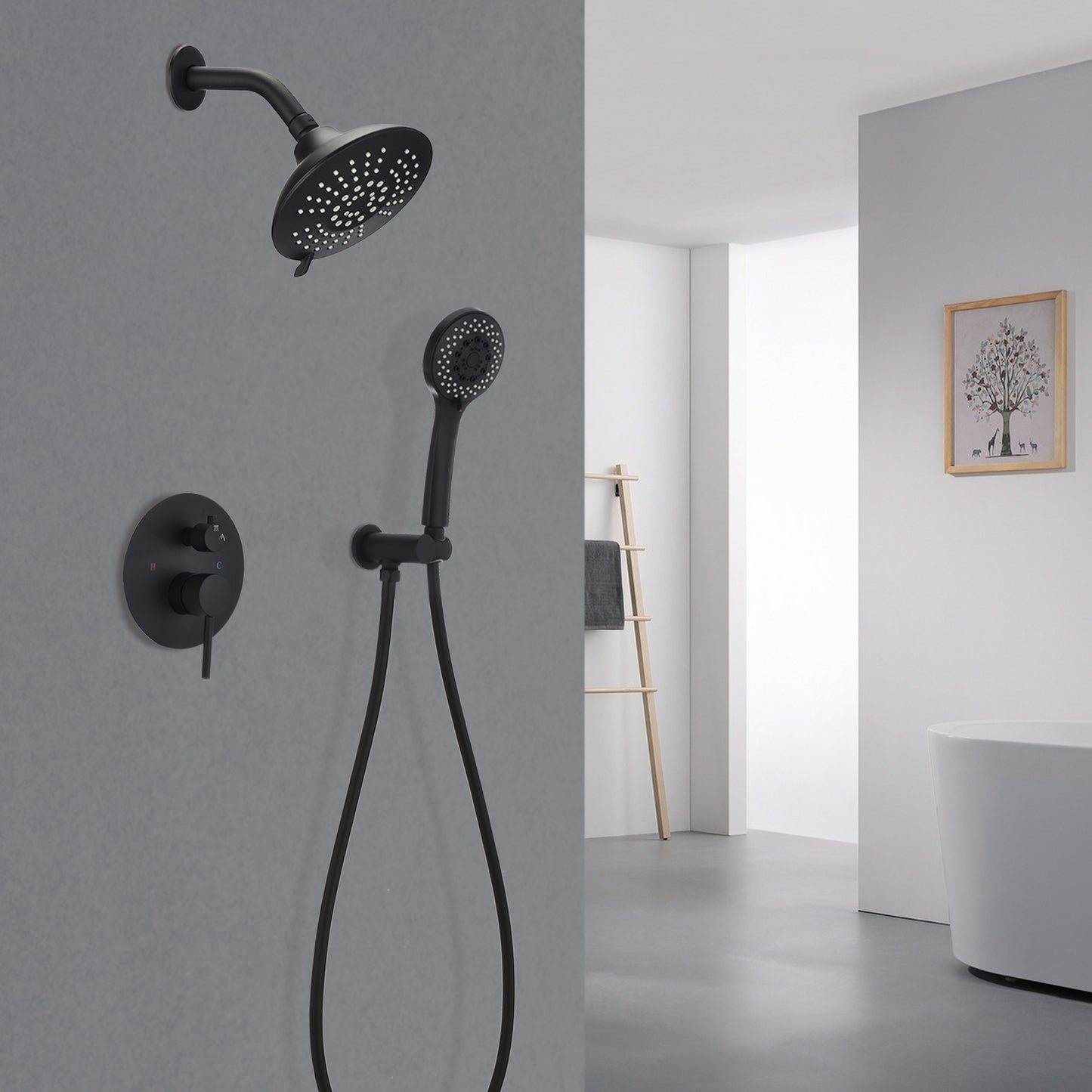 Matte Black Round Wall Mounted Rain Shower Faucet System with Hand Shower