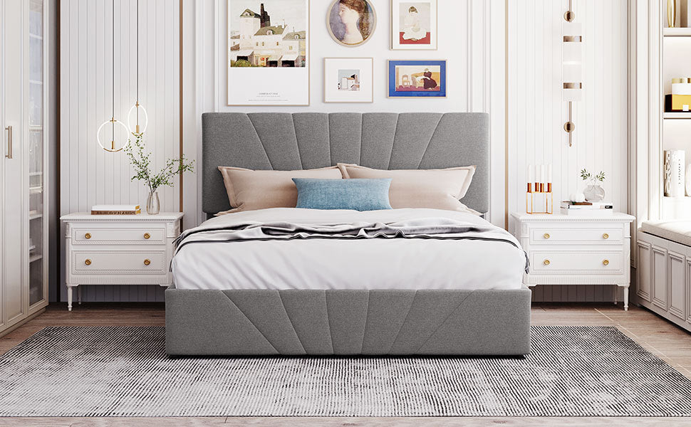 Queen size Upholstered Platform bed with a Hydraulic Storage System - Gray