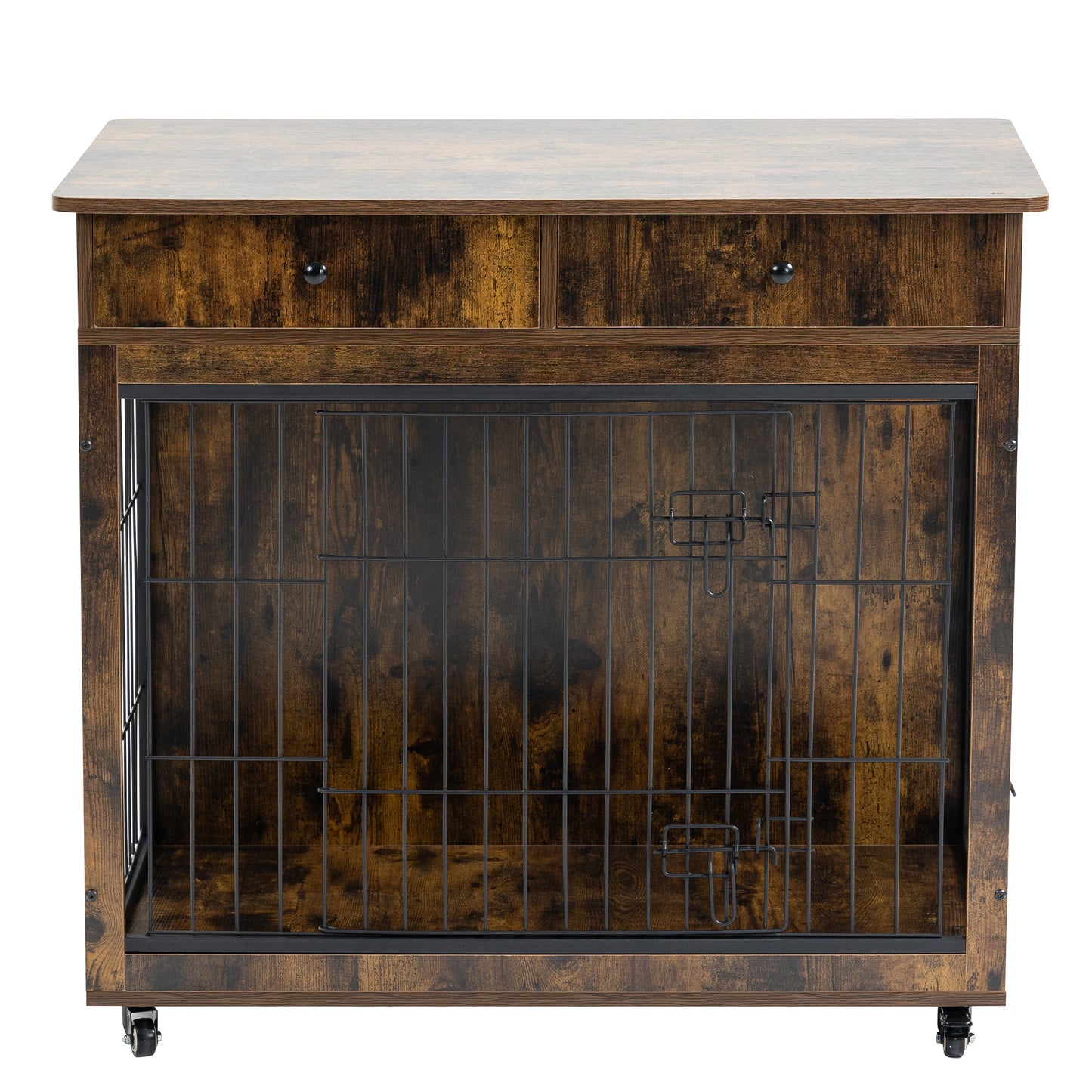 Dog Crate Furniture, Wooden Dog Crate End Table, 38.4 Inch Dog Kennel with 2 Drawers Storage, Heavy Duty Dog Crate, Decorative Pet Crate Dog Cage for Large Indoor Use (Rustic Brown) 38.4" L×23.2" W×35