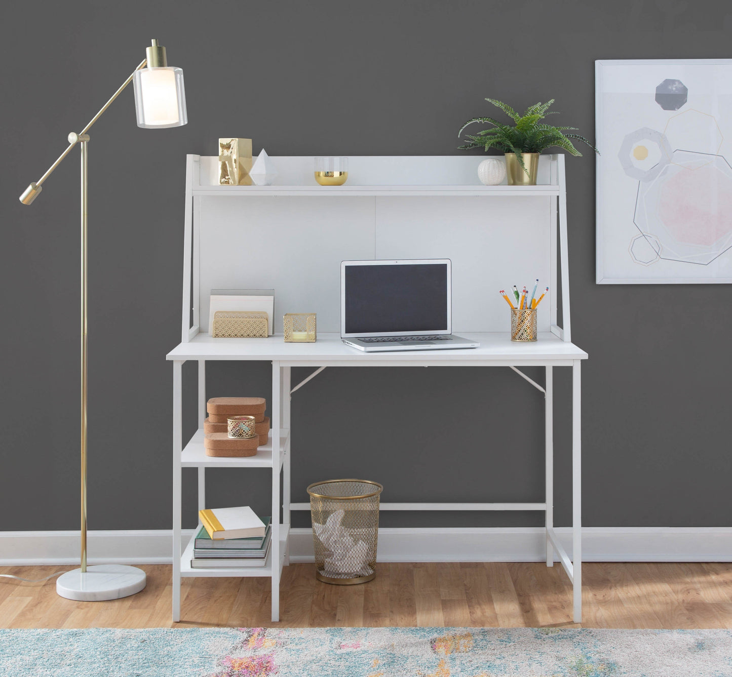 LumiSource Modern Geo Shelf Desk: White Steel and White Wood