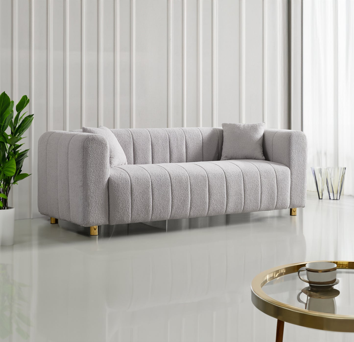 81.89 Large Modern Sofa with Plush Teddy Fabric and Gold Metal Legs, 3 Seater Upholstered Love Seat Furniture