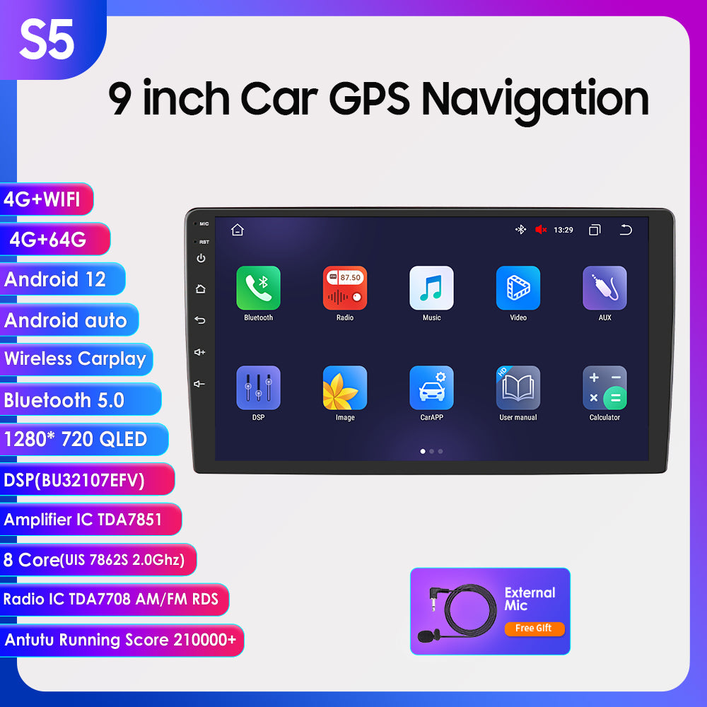 9 Touchscreen Android 12 Octa Core QLED Car GPS Navigation Stereo with Carplay Wifi 4G LTE Weather Display 4+64GB