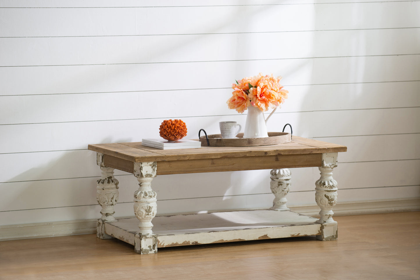 French Country Wooden Coffee Table with Ornate Legs and Storage Shelf