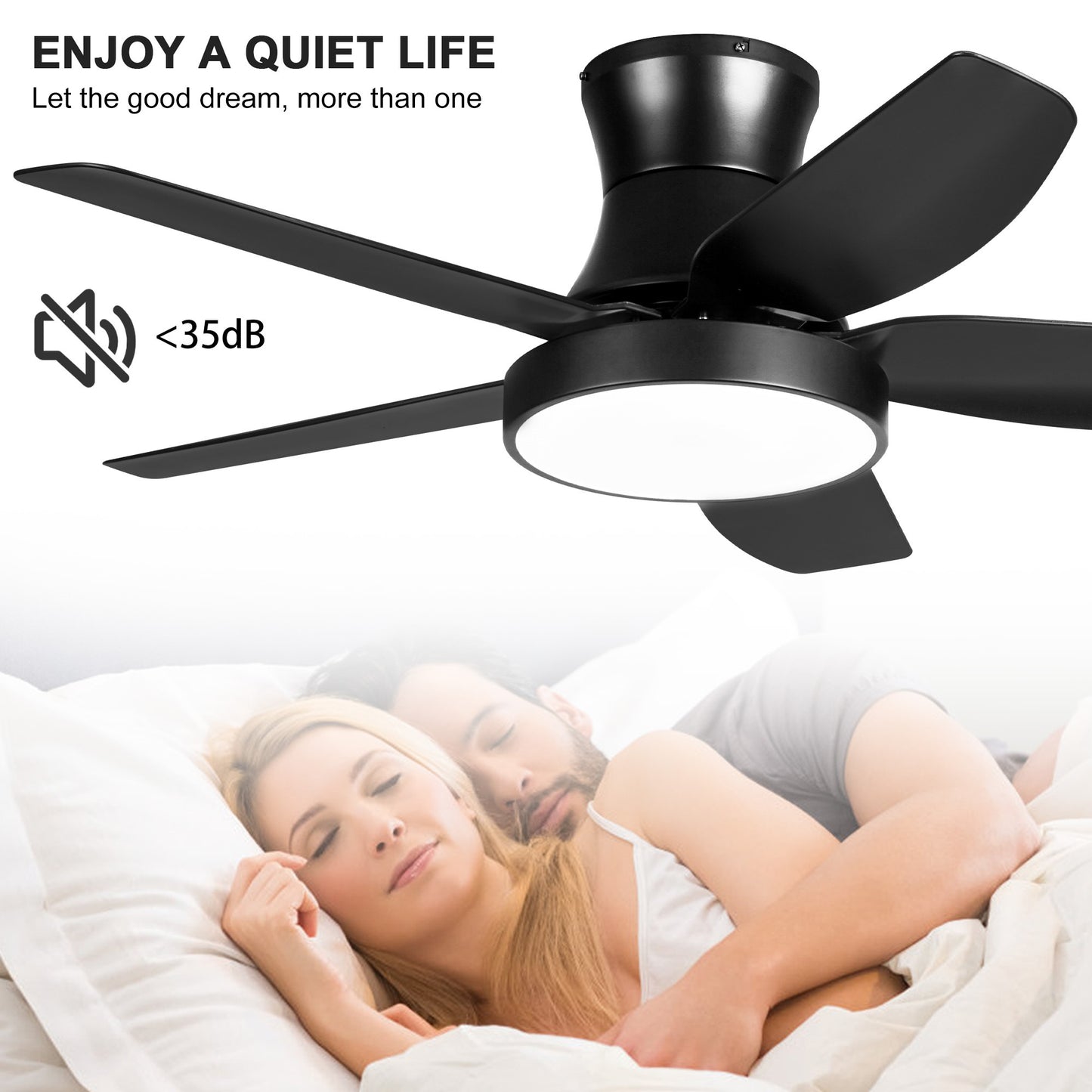 Modern Matte Black Flush Mount Ceiling Fan with Light and Remote Control - 46 Inch