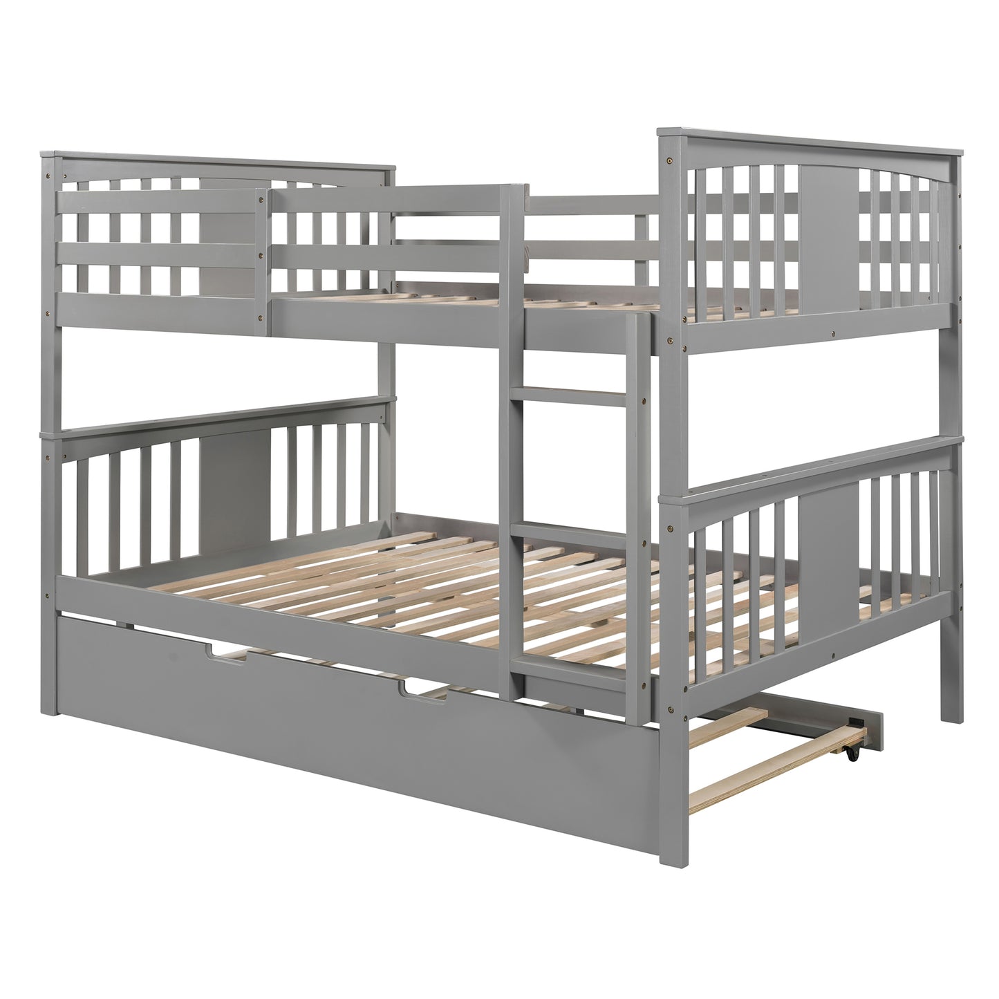 Space-Saving Gray Full over Full Bunk Bed with Twin Trundle and Ladder