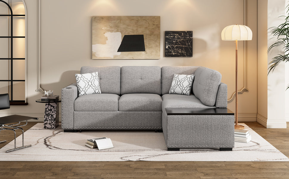 Convertible L-Shaped Sectional Sleeper Sofa with Storage Chaise and Charging Ports in Light Gray