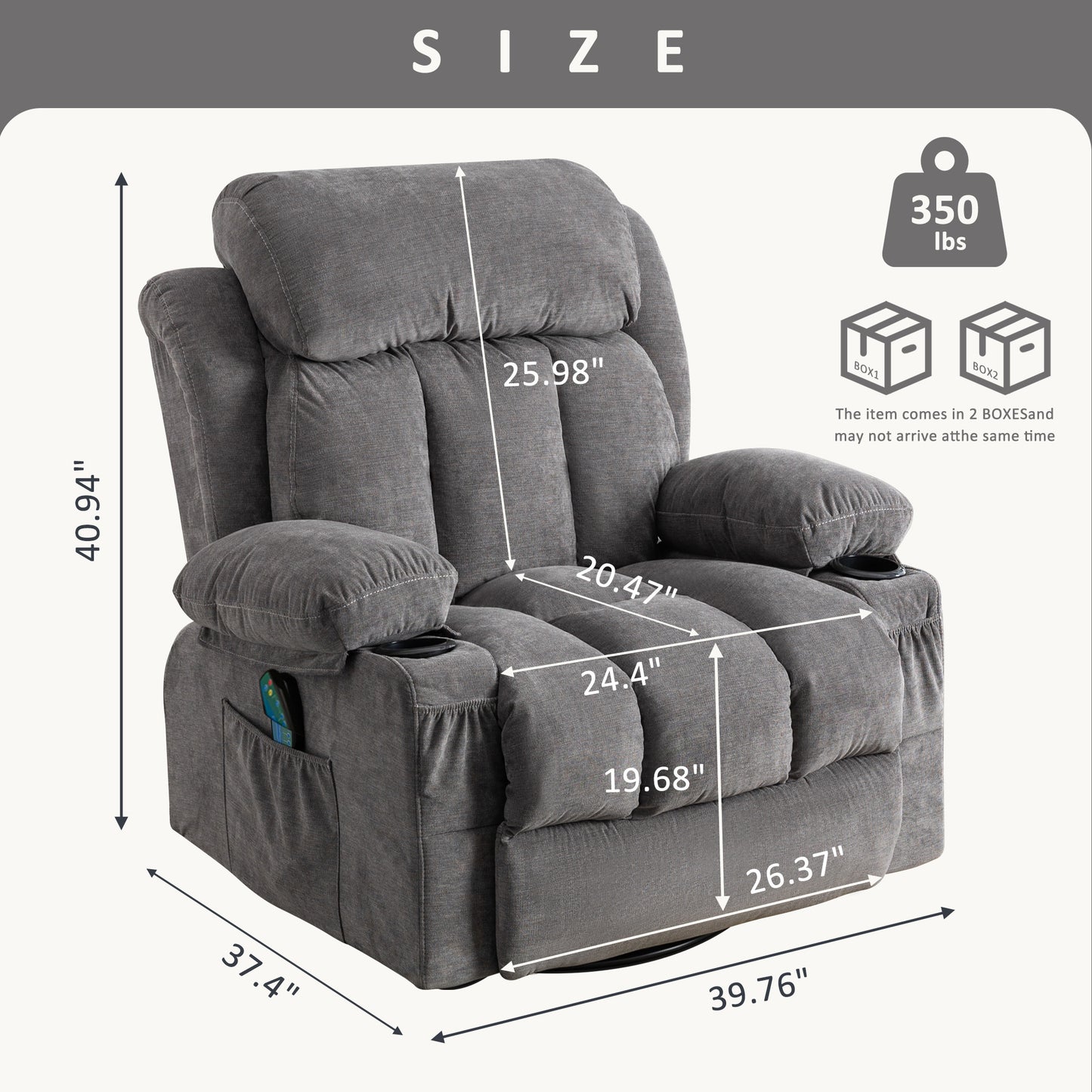 Swivel Gray Velvet Massage Recliner Sofa with Heating, USB, and Cup Holders